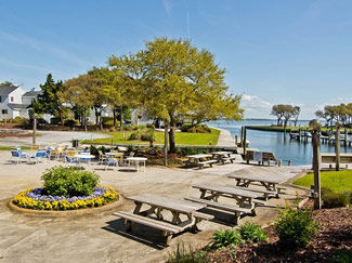 Picnic tables by marina