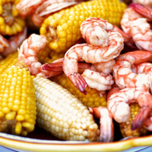 close-up view of a low country boil on plate